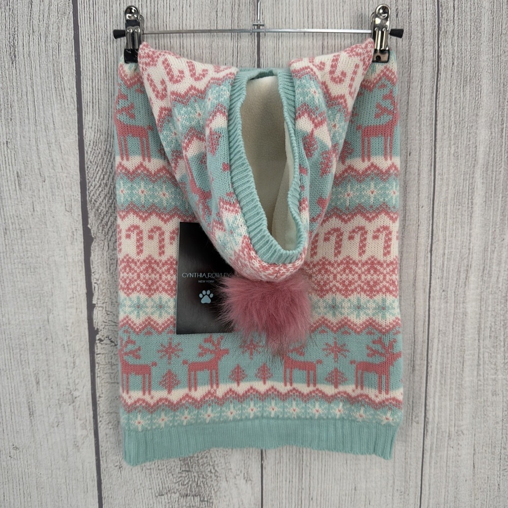 Fair Isle Dog Sweater LARGE Pink Aqua Nordic Hooded Reindeer Candy Canes Winter